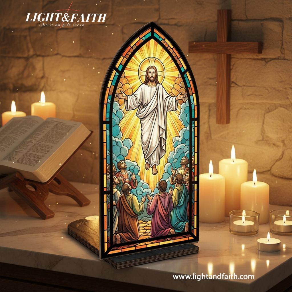 Christian Jesus Ascension Book Nook Decor, Stained Glass Window Style LED Light, Religious Home Altar Decoration, Easter Faith Gift for Believers BNLAF18